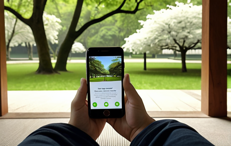 ** A person using a meditation app on their phone in a peaceful setting, like a park or quiet room. Focus on conveying serenity and accessibility.
**