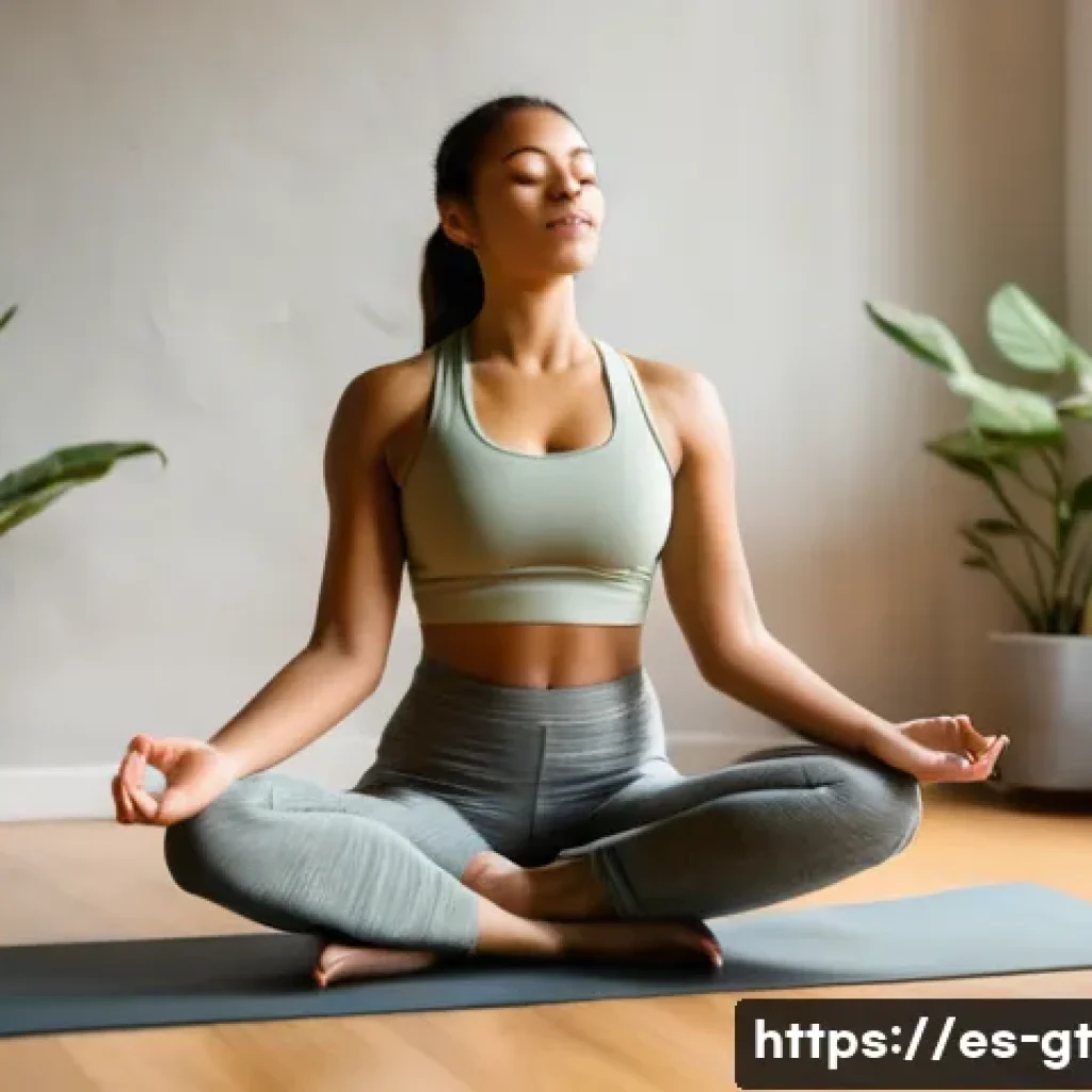 명상 앱을 통한 스트레스 해소 전략 - **Prompt:** "A young woman in her early 20s sits cross-legged on a yoga mat in a sunlit room, eyes c...