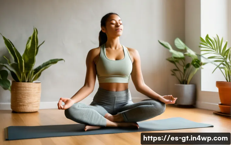 명상 앱을 통한 스트레스 해소 전략 - **Prompt:** "A young woman in her early 20s sits cross-legged on a yoga mat in a sunlit room, eyes c...