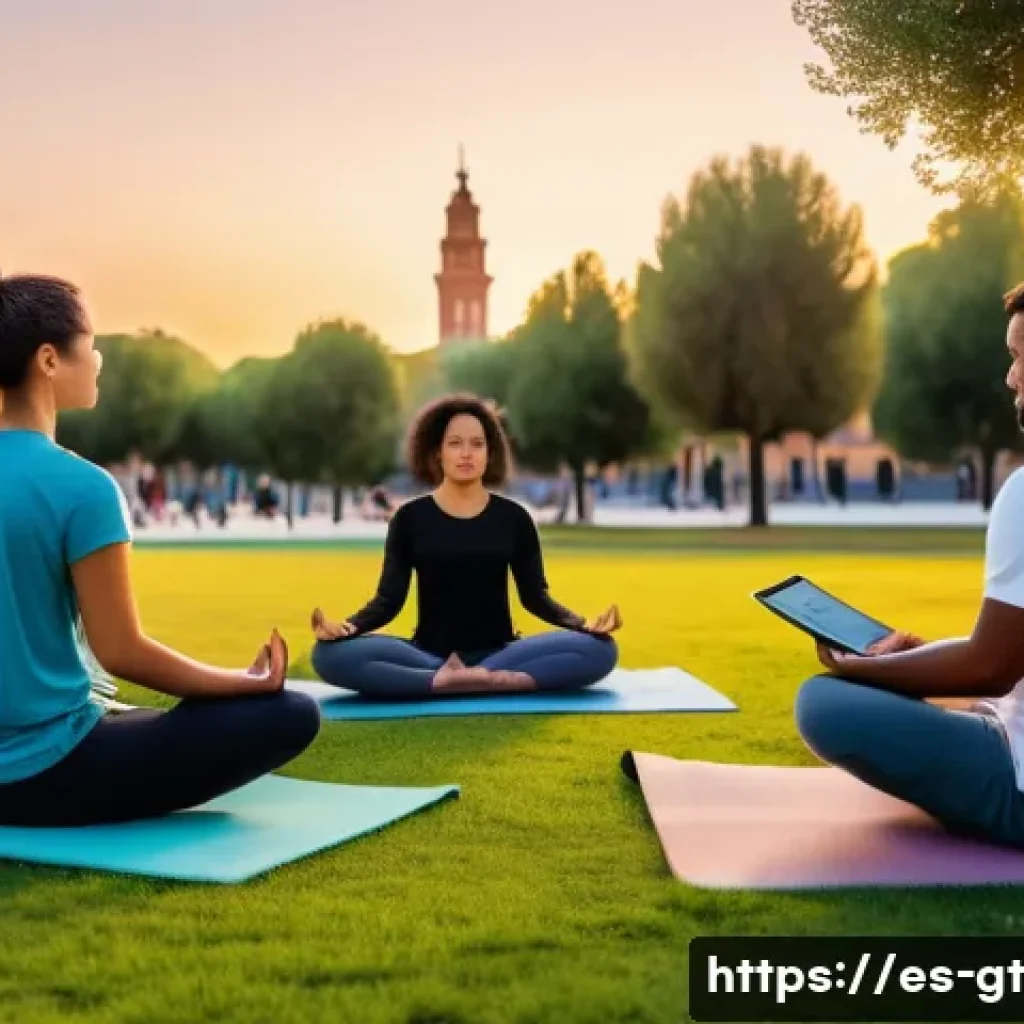 명상 앱과 관련된 글로벌 트렌드 - A serene digital meditation scene featuring a diverse group of young adults using meditation apps on...