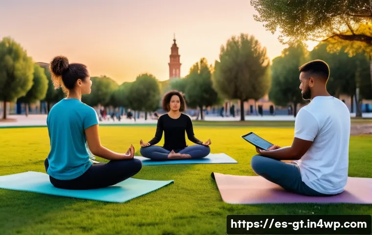 명상 앱과 관련된 글로벌 트렌드 - A serene digital meditation scene featuring a diverse group of young adults using meditation apps on...