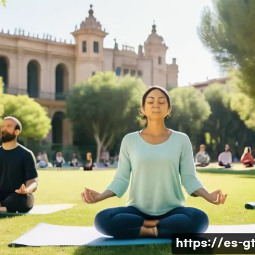 Home 29 명상 앱의 광고 및 마케팅 전략 - A serene scene featuring a diverse group of adults practicing meditation in a sunny urban park in Ba...