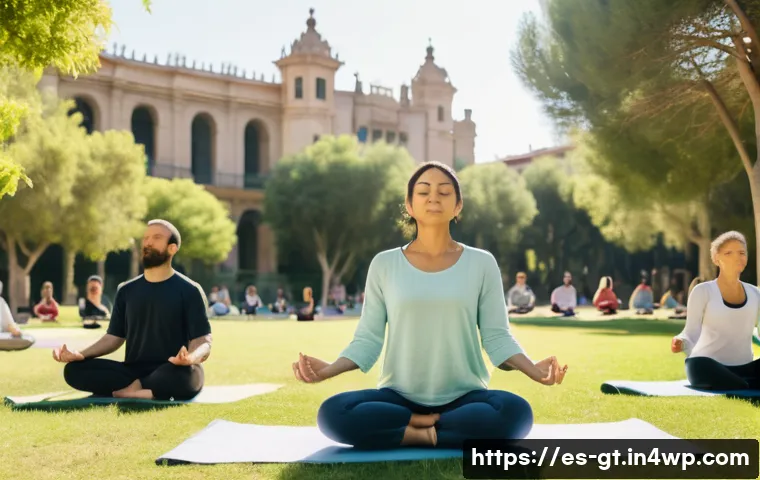 명상 앱의 광고 및 마케팅 전략 - A serene scene featuring a diverse group of adults practicing meditation in a sunny urban park in Ba...