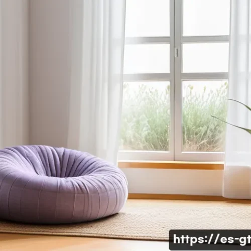 Home 28 명상 앱에 대한 다양한 관점 - A serene and cozy home meditation corner designed for a Spanish-speaking user, featuring soft natura...